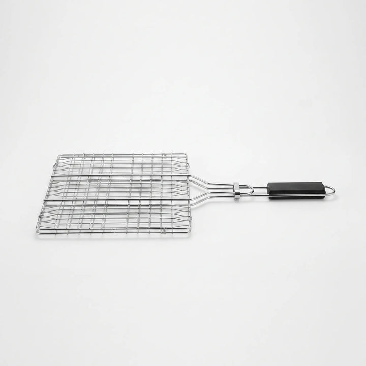 Outdoor hinged vegetable grill basket for BBQ & campfire. Perfect for grilling chopped veggies without losing them.