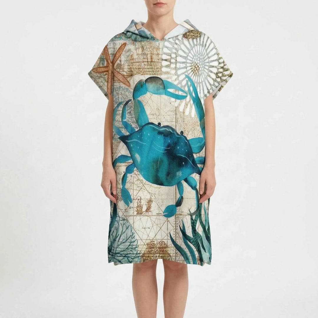 Nautical print hooded changing poncho, quick-dry beach towel for seaside adventures.