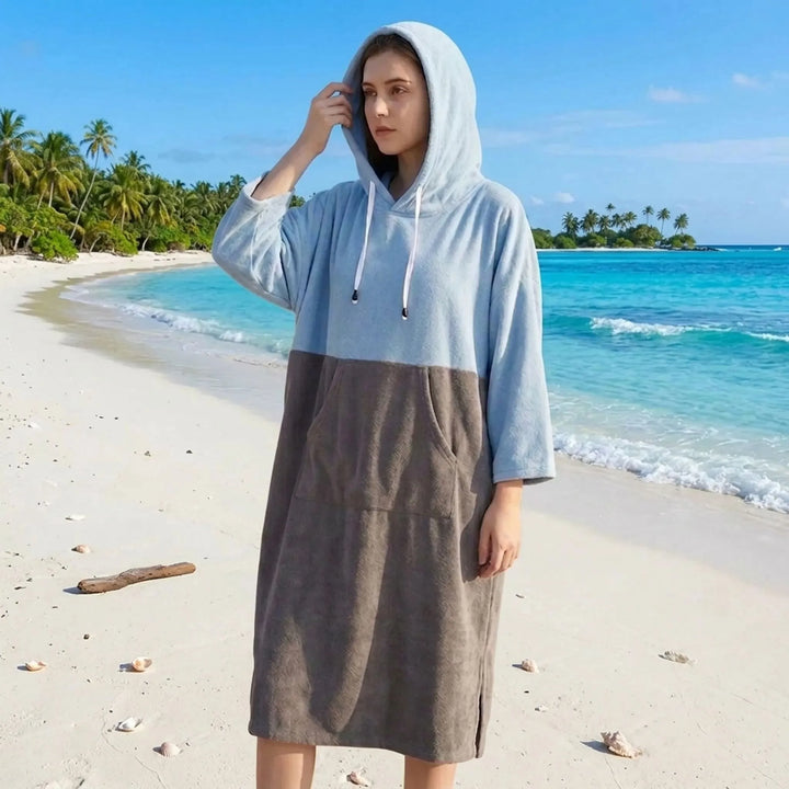 Unisex hooded changing robe poncho for beach, pool, and swim changing. Ideal quick-dry coverup for watersports.