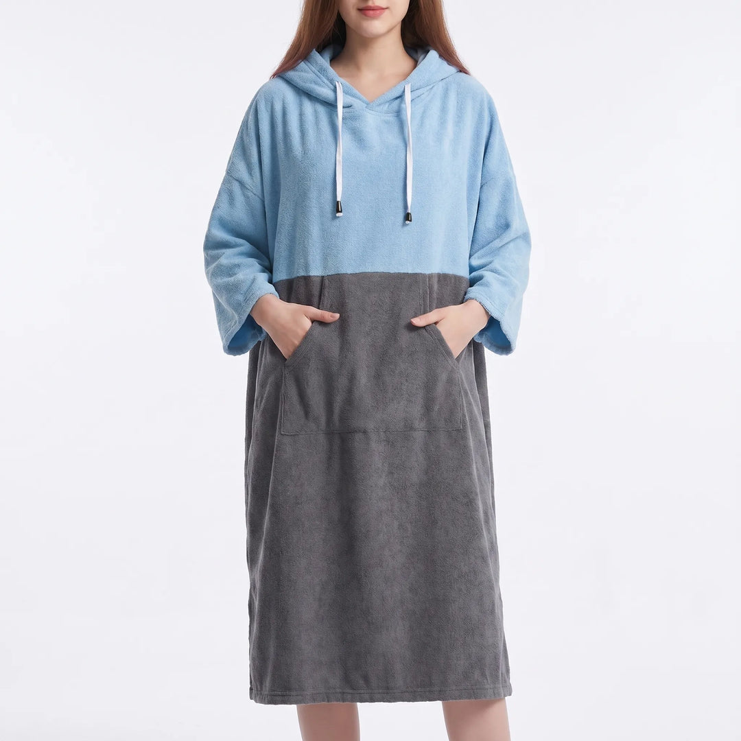 Quick-dry oversized hooded changing poncho, perfect for beach, pool, and watersports. A versatile swim coverup.