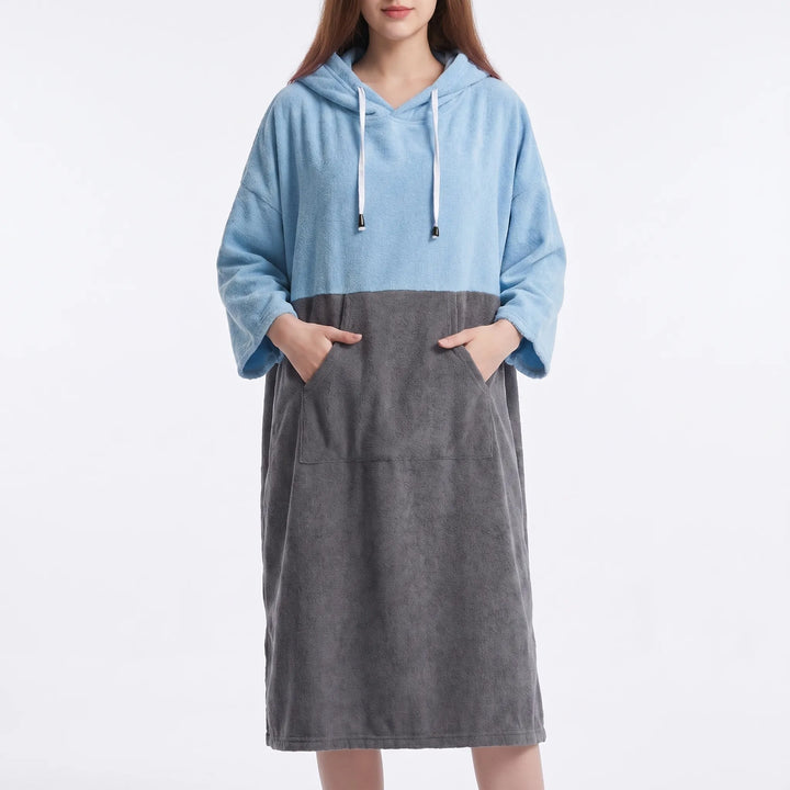 Quick-dry oversized hooded changing poncho, perfect for beach, pool, and watersports. A versatile swim coverup.