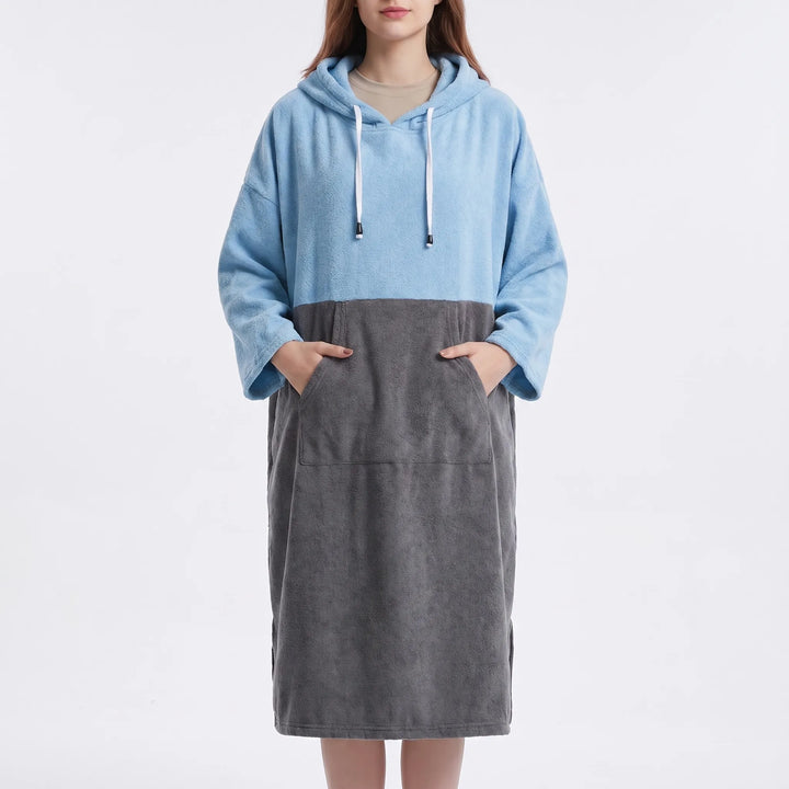 Soft, quick-dry hooded changing towel robe. Perfect oversized poncho for beach, pool, and watersports changing.