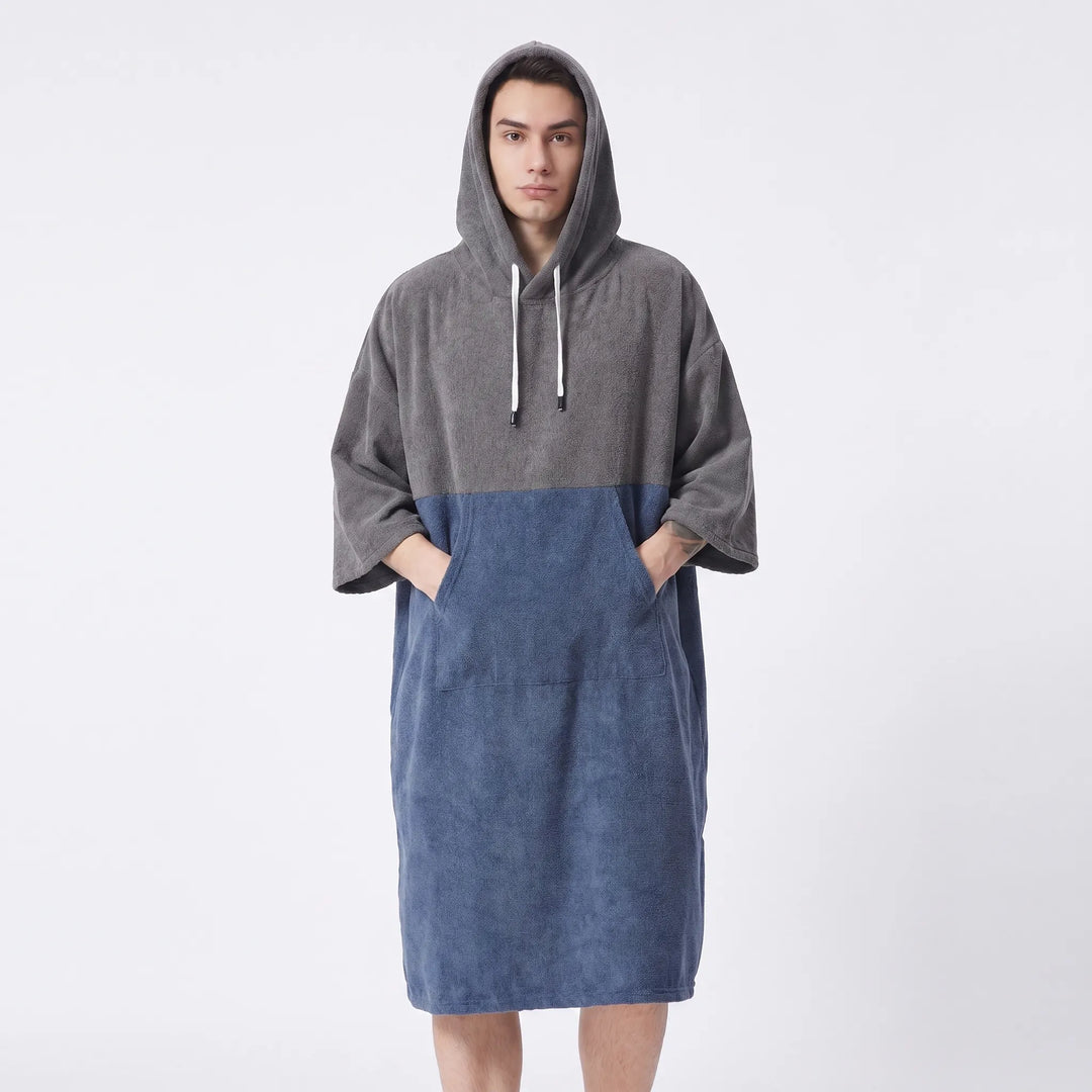 Versatile unisex hooded changing robe poncho for easy swim changing. A quick-dry beach & poolside coverup.
