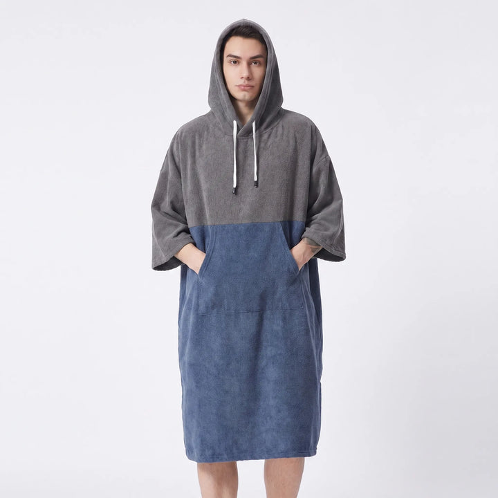 Versatile unisex hooded changing robe poncho for easy swim changing. A quick-dry beach & poolside coverup.