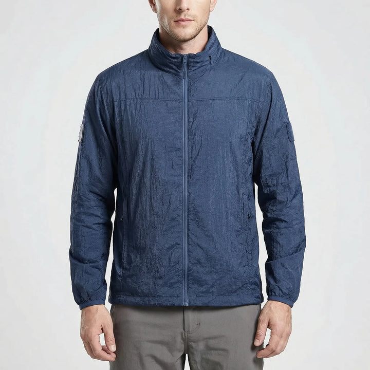 Back view of a unisex hooded lightweight tactical windbreaker jacket. Quick-dry, water repellent, perfect for hiking.