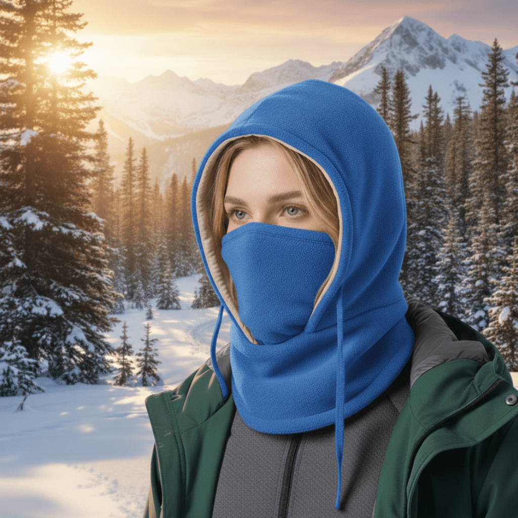 Adjustable hooded neck gaiter & face mask. Ideal for winter sports: skiing, cycling, hiking. Unisex accessory.