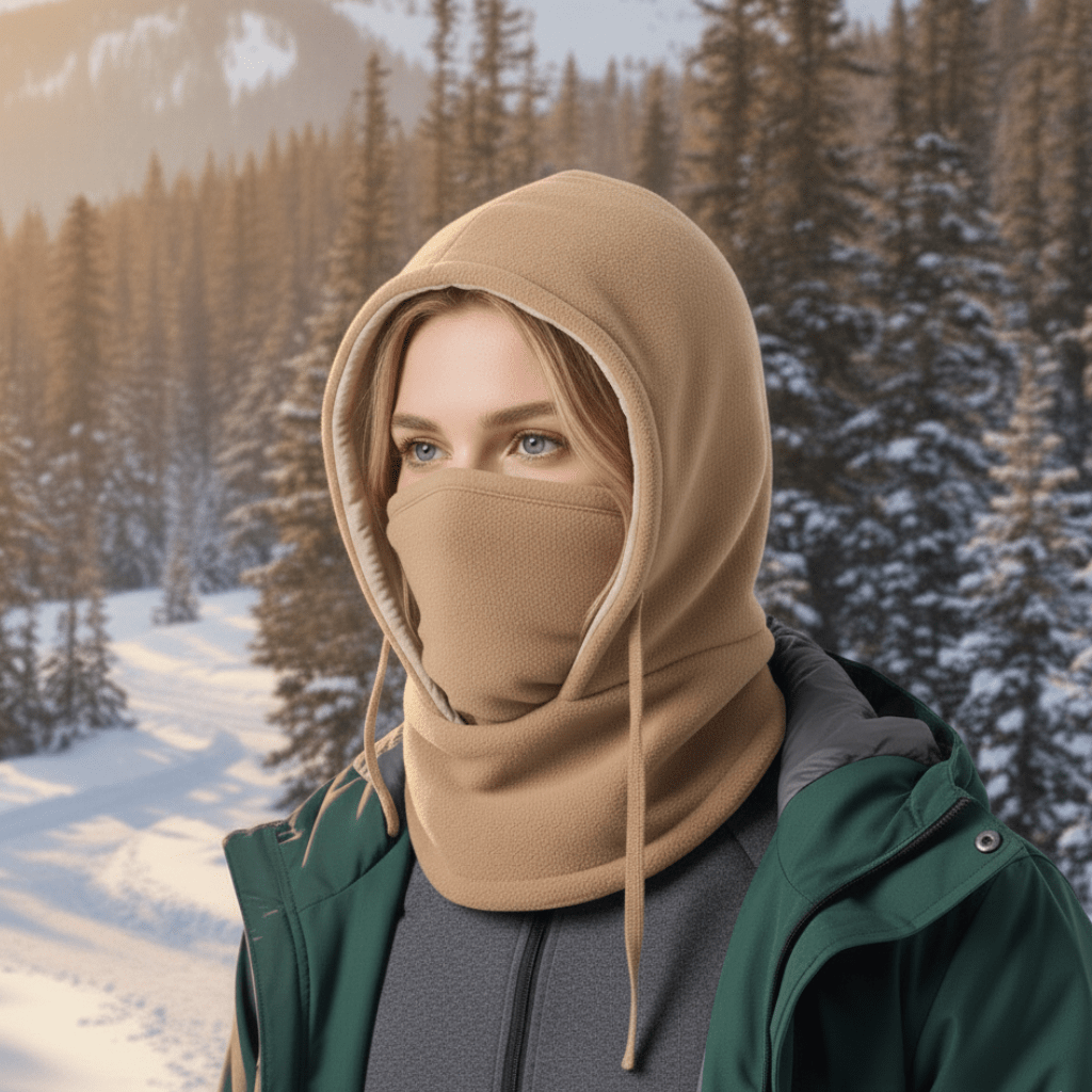 Unisex hooded neck gaiter. Windproof face mask for skiing & hiking. All-weather cold protection.