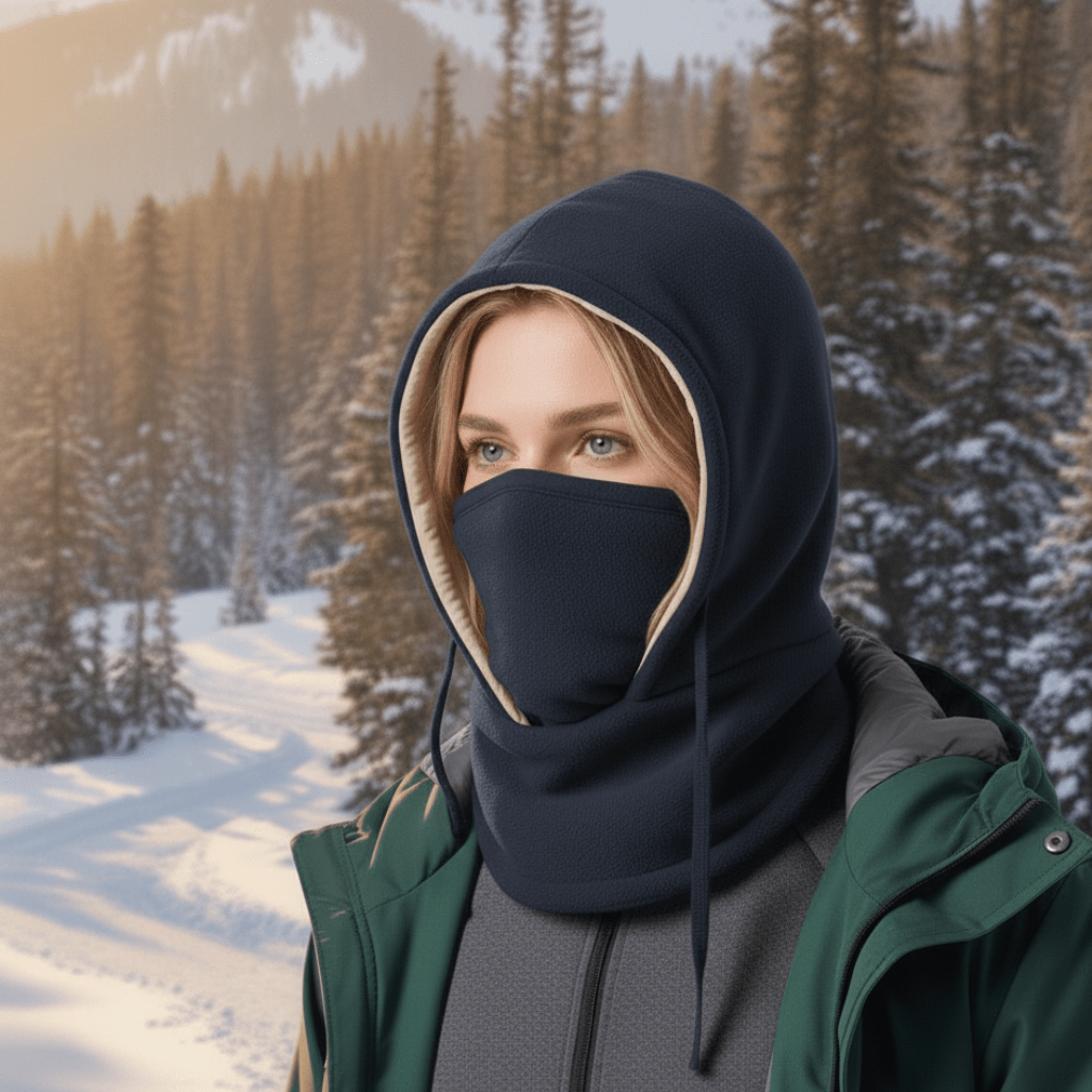 Outdoor hooded neck gaiter & face mask. Unisex design provides cold & wind protection for winter sports.