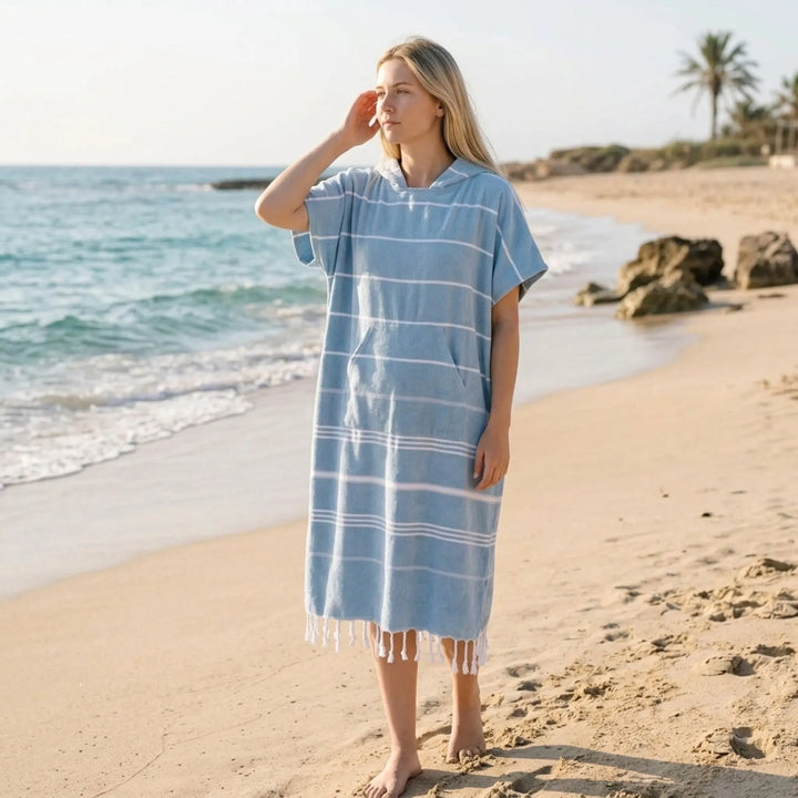 Unisex hooded surf changing poncho. Quick-dry beach towel robe for easy changing & warmth after water sports.