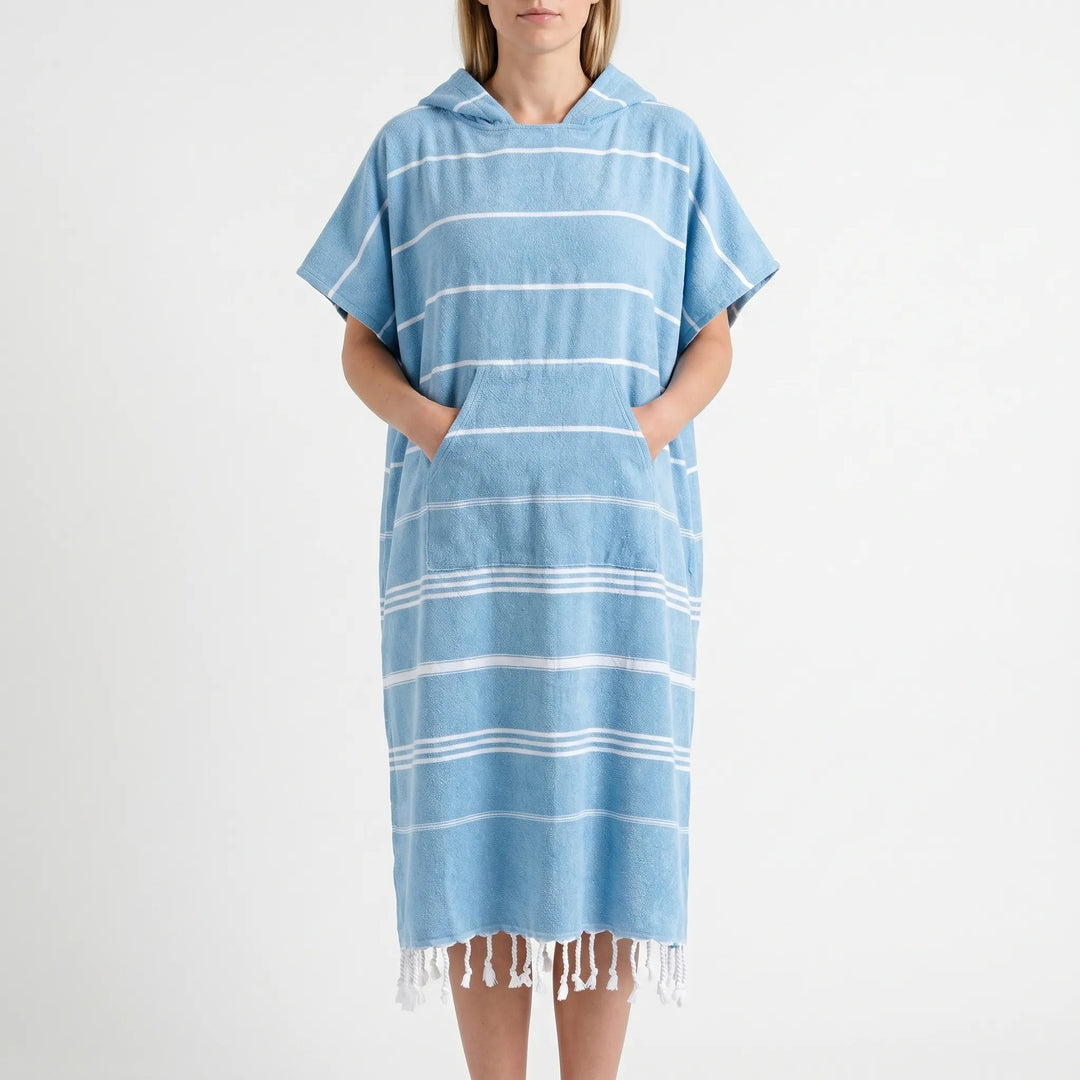 Convenient quick-dry hooded surf poncho. Essential changing robe for privacy & warmth after ocean or pool.