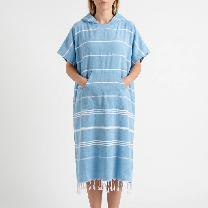Convenient quick-dry hooded surf poncho. Essential changing robe for privacy & warmth after ocean or pool.