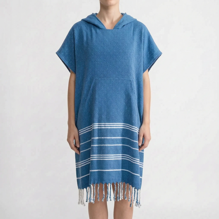 Unisex quick-dry hooded changing poncho, a versatile swim coverup for beach, travel, & poolside.
