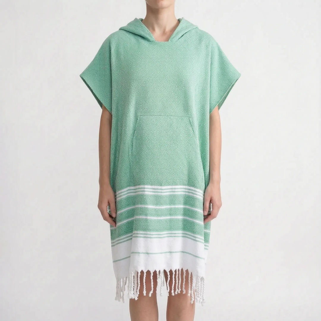 Stylish resort wear hooded poncho, doubles as a quick-dry swim coverup for vacation.
