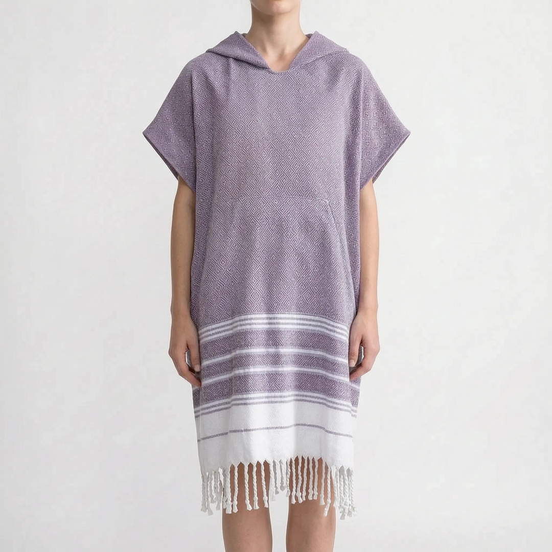 Comfortable hooded beach poncho for easy, private changing after swimming or surfing.