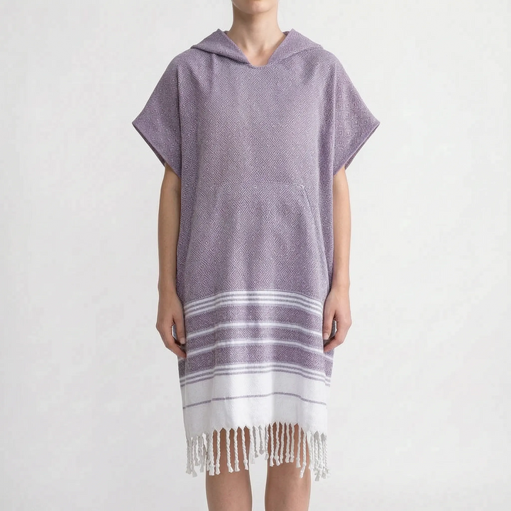 Comfortable hooded beach poncho for easy, private changing after swimming or surfing.