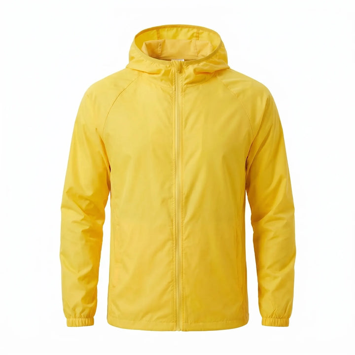 Unisex hooded windbreaker jacket, perfect for outdoor trails. Lightweight, water-resistant hiking & travel gear.