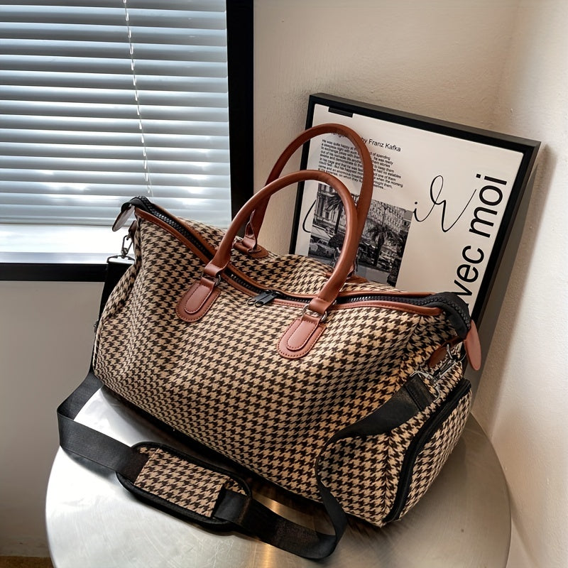 Unisex houndstooth weekender travel bag. Stylish vegan leather duffle for carry-on travel. Durable and spacious.