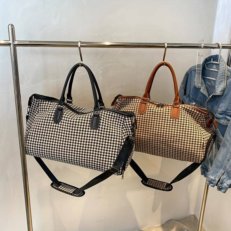 Elegant houndstooth weekender travel bag. Durable vegan leather duffle, a stylish unisex carry-on solution.