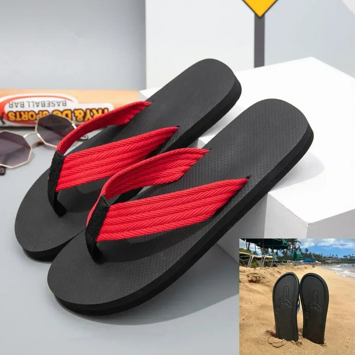 Casual summer flip flops with a humorous design. Unisex beach & pool footwear, lightweight & flexible.