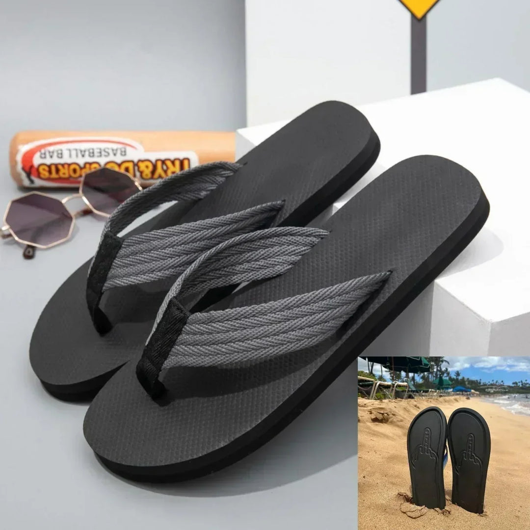 Versatile unisex humorous flip flops; flexible EVA footwear for comfortable beach & pool days this summer.