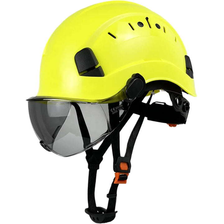 Unisex industrial safety helmet, ANSI certified, with integrated goggles & visor for complete job site PPE.