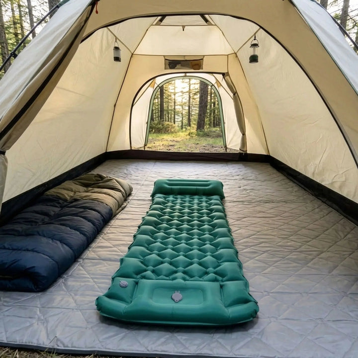 Unisex inflatable camping sleeping mat with built-in pillow. Ideal outdoor gear for comfortable rest.