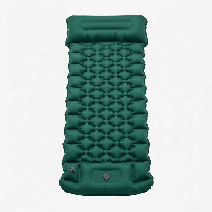 Lightweight, portable backpacking sleeping mat with built-in pillow for comfortable outdoor travel.