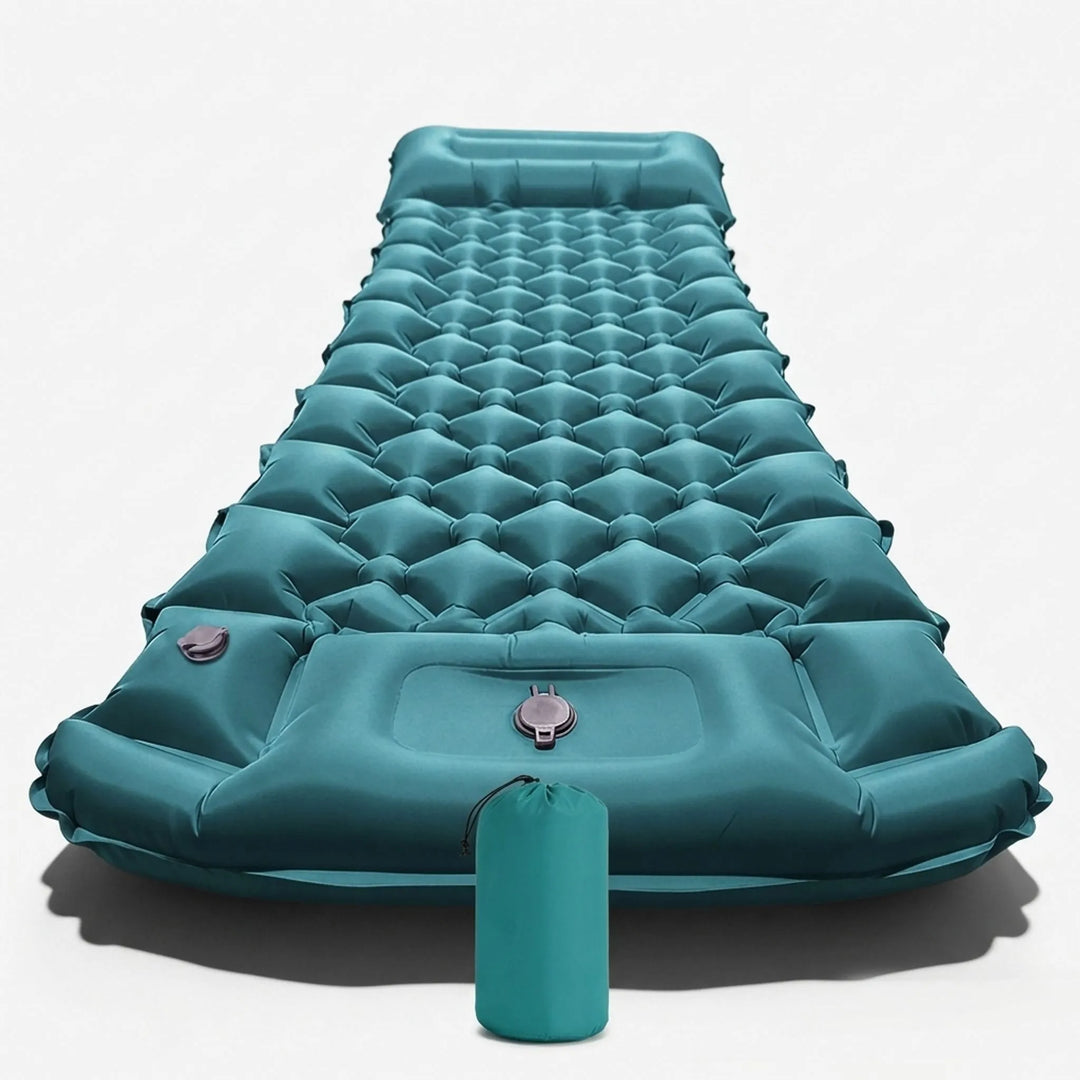 Durable inflatable sleeping gear for hiking, camping, and outdoor adventures. Features a built-in pillow.