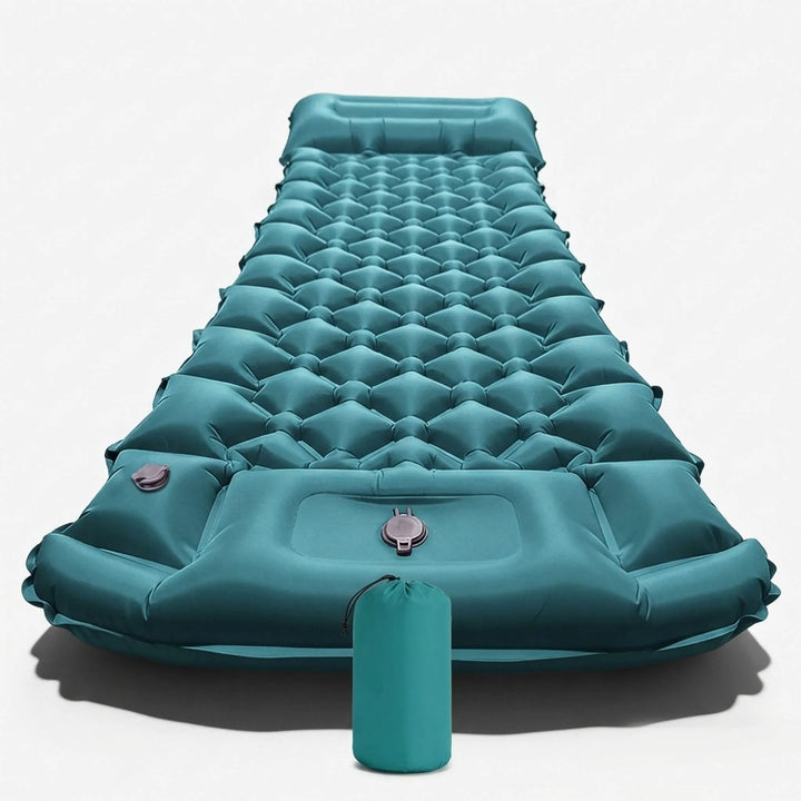 Durable inflatable sleeping gear for hiking, camping, and outdoor adventures. Features a built-in pillow.