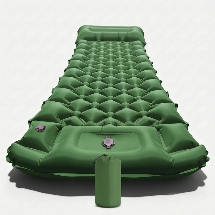 Easy-to-inflate travel sleeping pad with built-in pillow, ensures comfort on camping and hiking adventures.