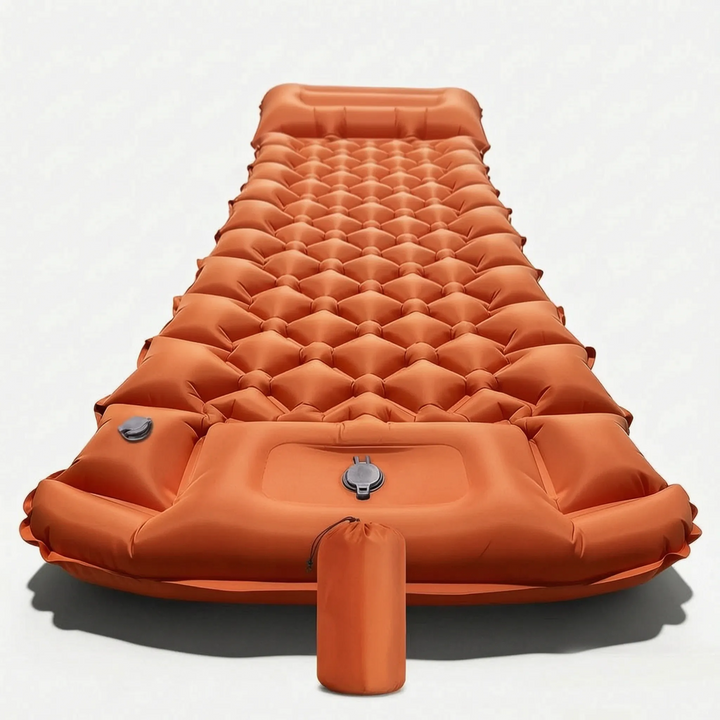 Portable, comfortable camping sleeping mat with integrated pillow for all outdoor trips and travel.