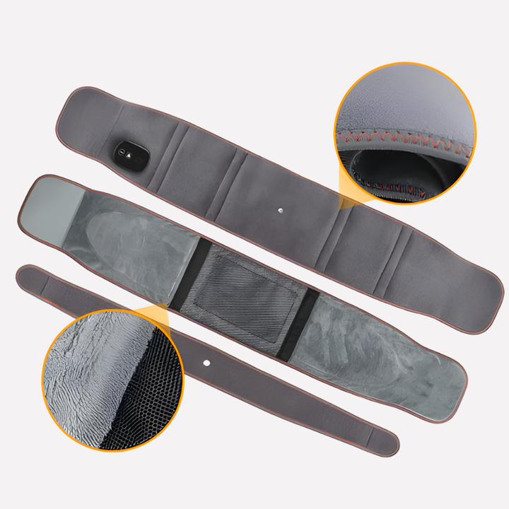 Portable infrared heating massage belt for lower back pain, providing therapeutic heat & vibration relaxation.