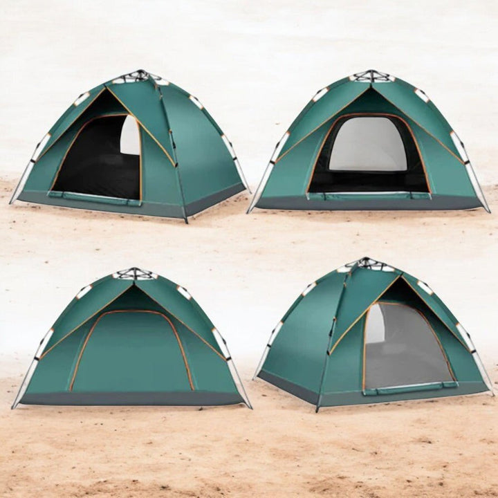 Portable pop-up tent, grey and orange, set up in a lush forest clearing for quick camping.