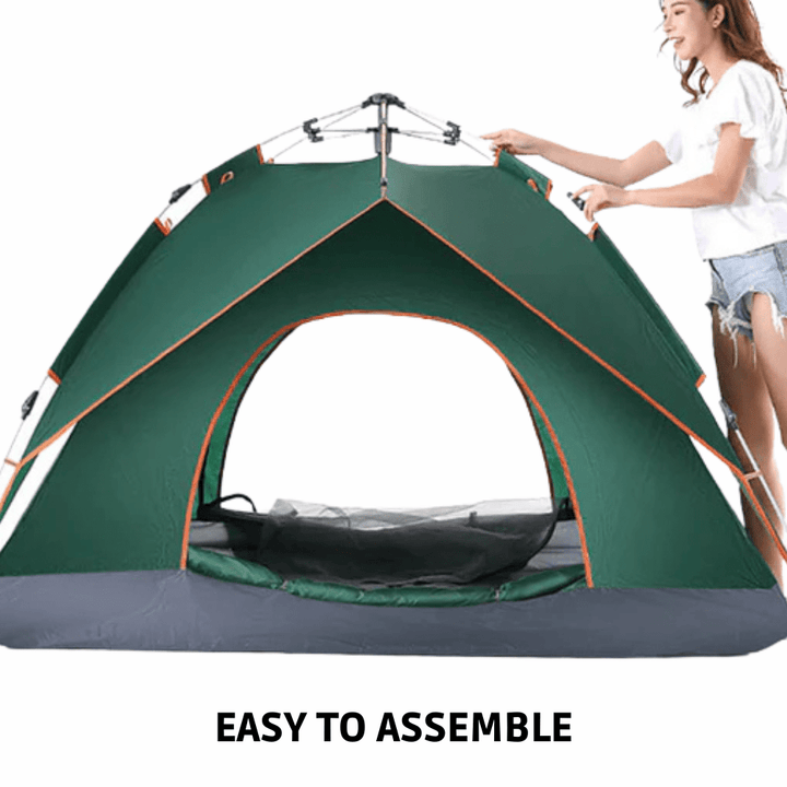 Unisex instant camping tent with waterproof fabric, open doorway showing spacious interior for shelter.