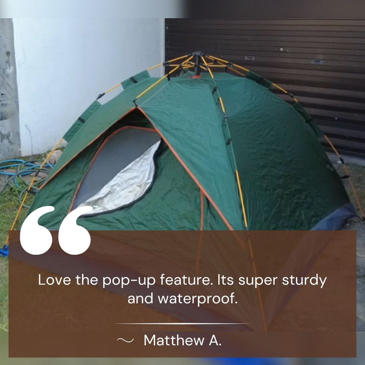 Lightweight outdoor shelter, sand-colored instant pop-up tent, ready for a quick camping trip.