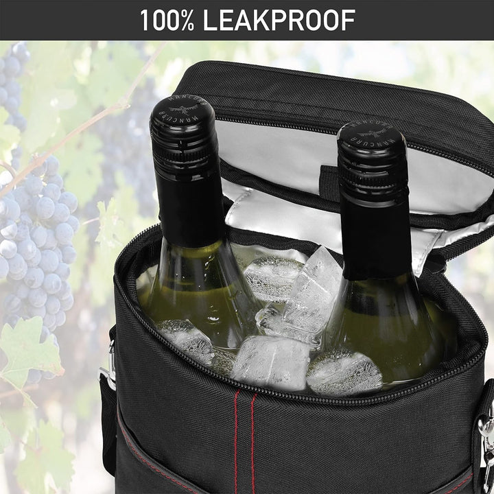 Insulated 2-bottle wine bag for travel & picnics. Keeps drinks cool, stylish unisex beverage carrier.