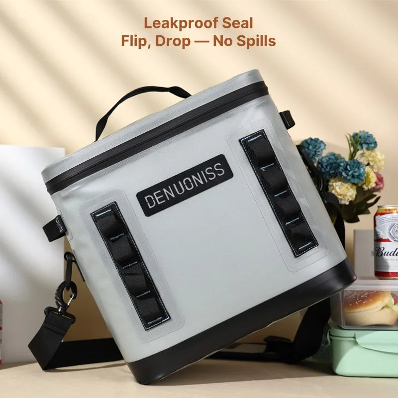 Durable insulated cooler bag for camping, airtight and leakproof features, portable design