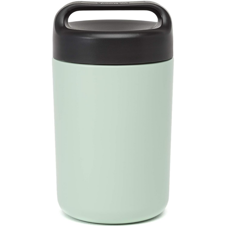 Unisex insulated food thermos, stainless steel construction, with a handle for easy transport of meals.