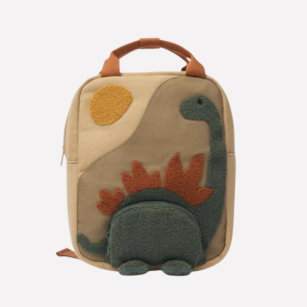 Unisex kids' beige dinosaur backpack for school & daily adventures. Perfect children's travel or toddler bag.