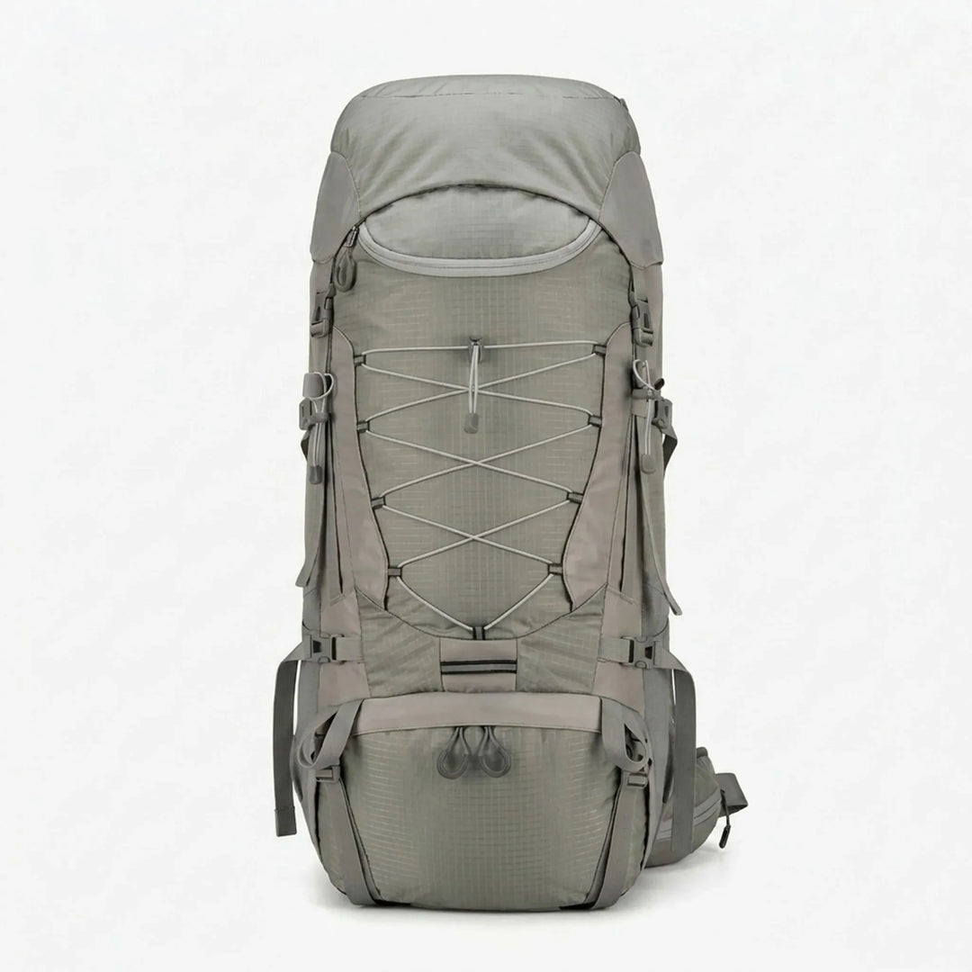 Durable trekking backpack with multiple compartments & water bottle pockets, perfect for organized outdoor gear.