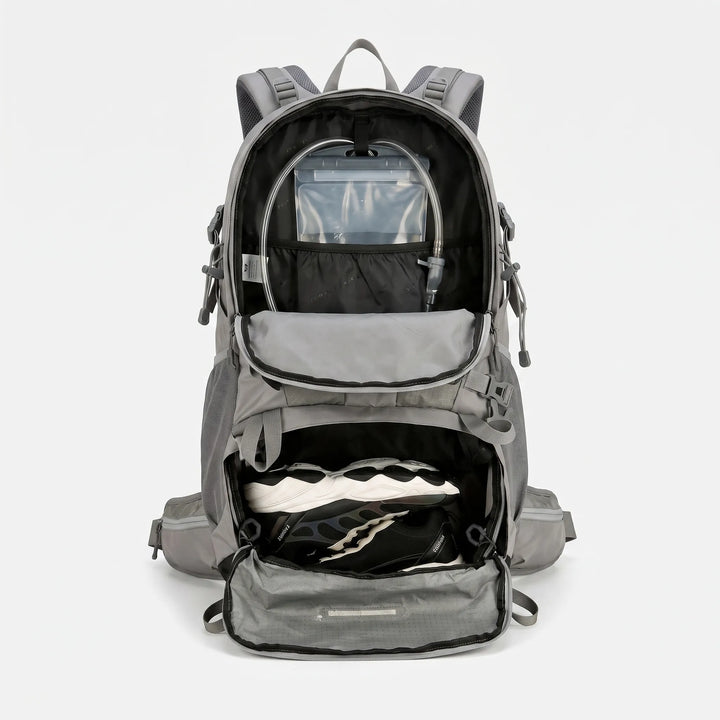 Unisex adventure hiking backpack worn by a hiker, showcasing its comfortable fit and large capacity for travel.