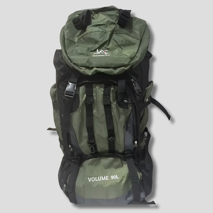 Unisex large capacity hiking backpack in green, ideal for multi-day outdoor adventures & trekking. Durable & water-resistant.