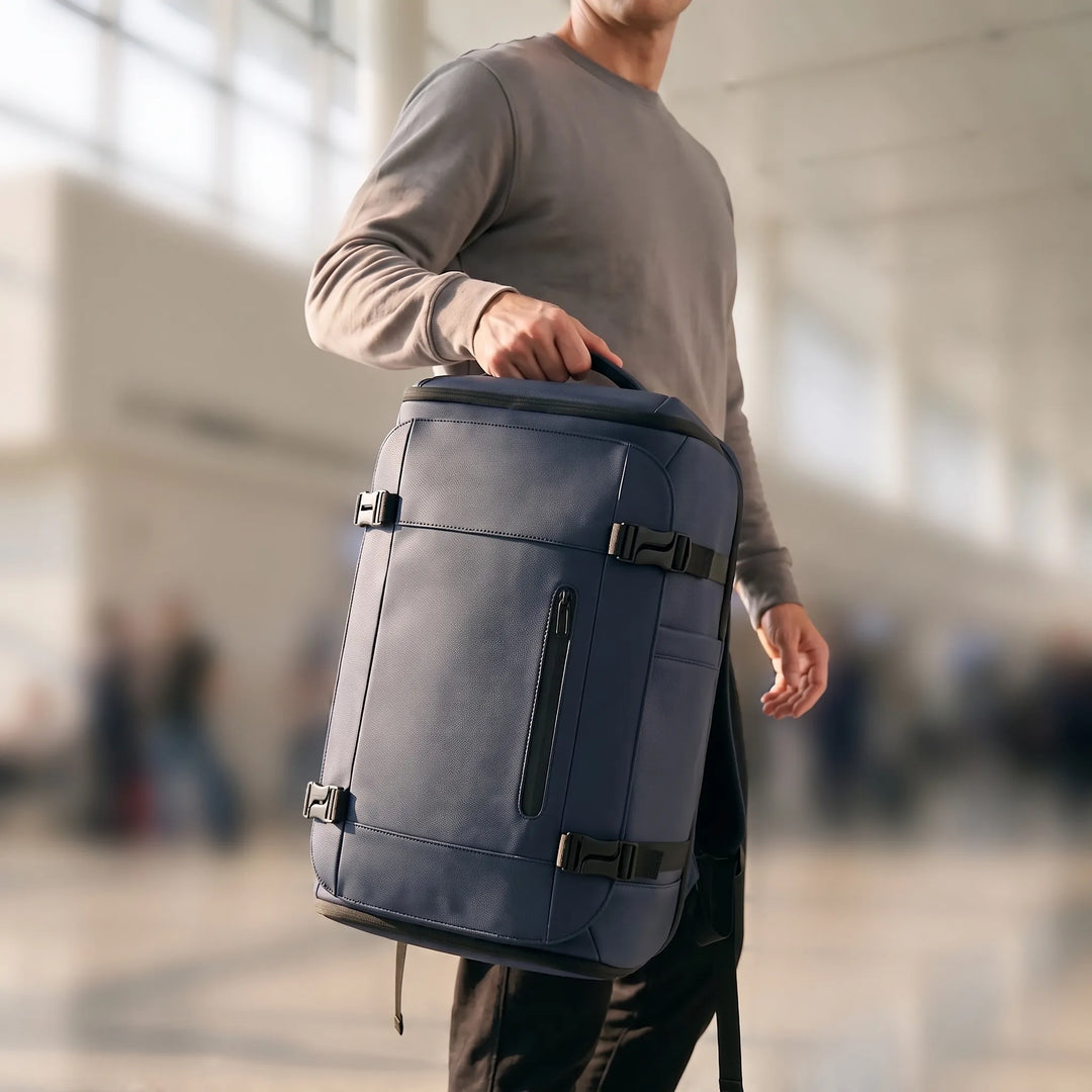 Unisex large capacity travel backpack with separate shoe compartment & laptop sleeve, water-resistant.