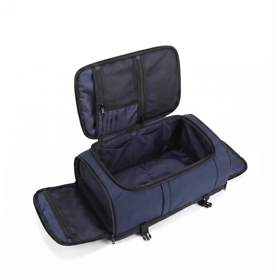 Durable water-resistant backpack for camping & outdoor activities, features large capacity & shoe storage.