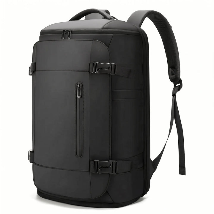 Water-resistant travel backpack for men & women, featuring a dedicated shoe compartment & laptop protection.
