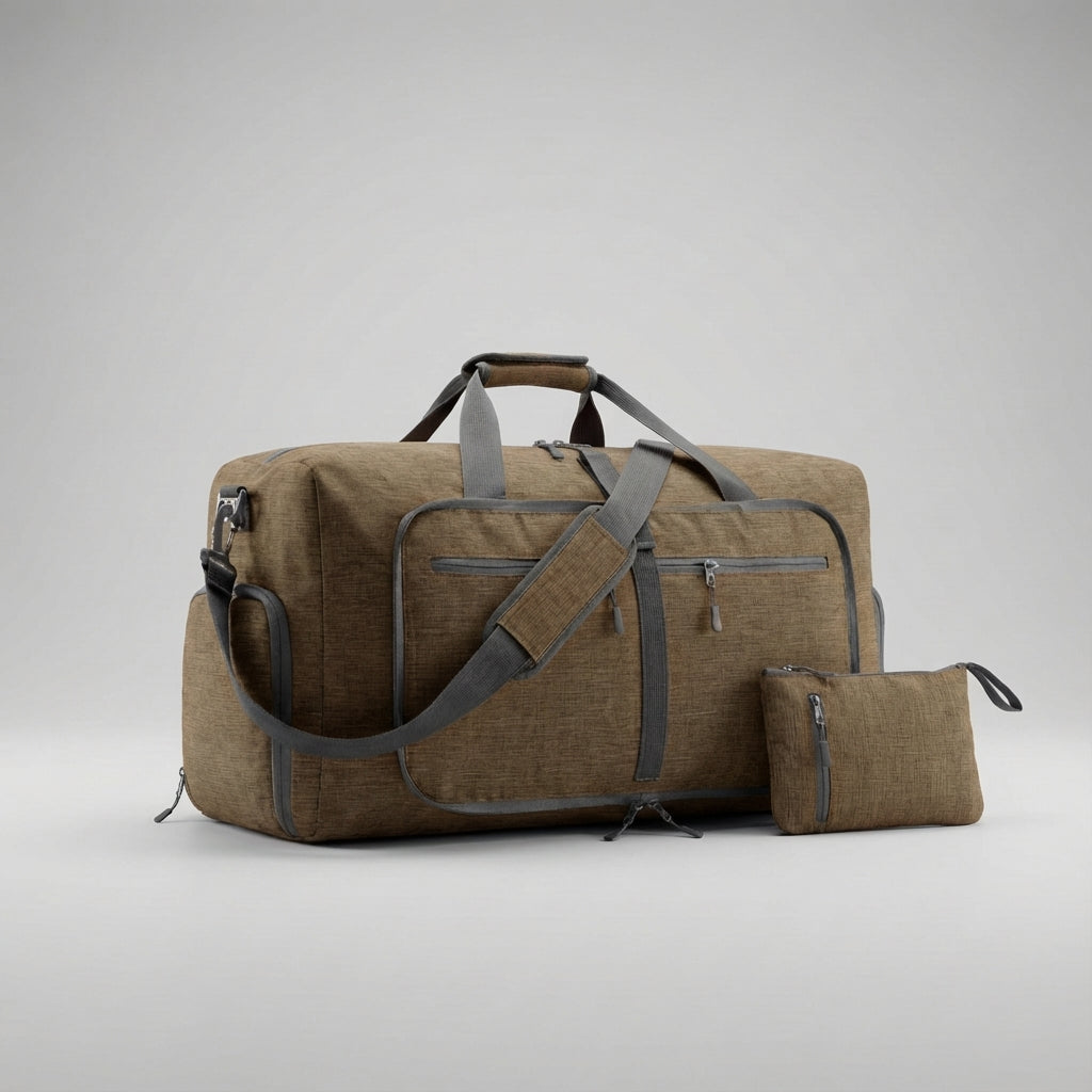 Spacious foldable travel duffel with waterproof fabric & shoe compartment. Perfect for any trip.