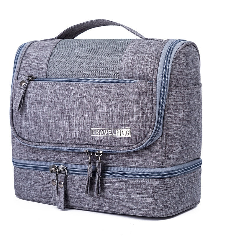 Unisex large hanging toiletry bag for travel, multi-compartment organization of cosmetics & bathroom essentials.