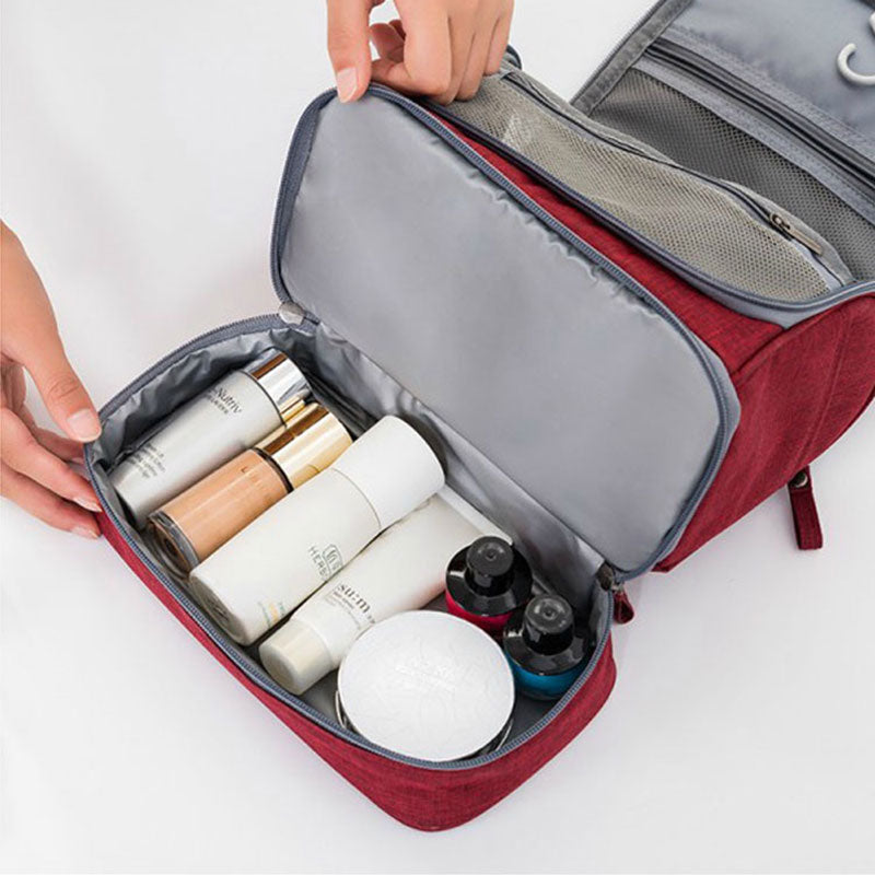Convenient large multi-compartment hanging travel toiletry bag, excellent portable storage for makeup & toiletries.