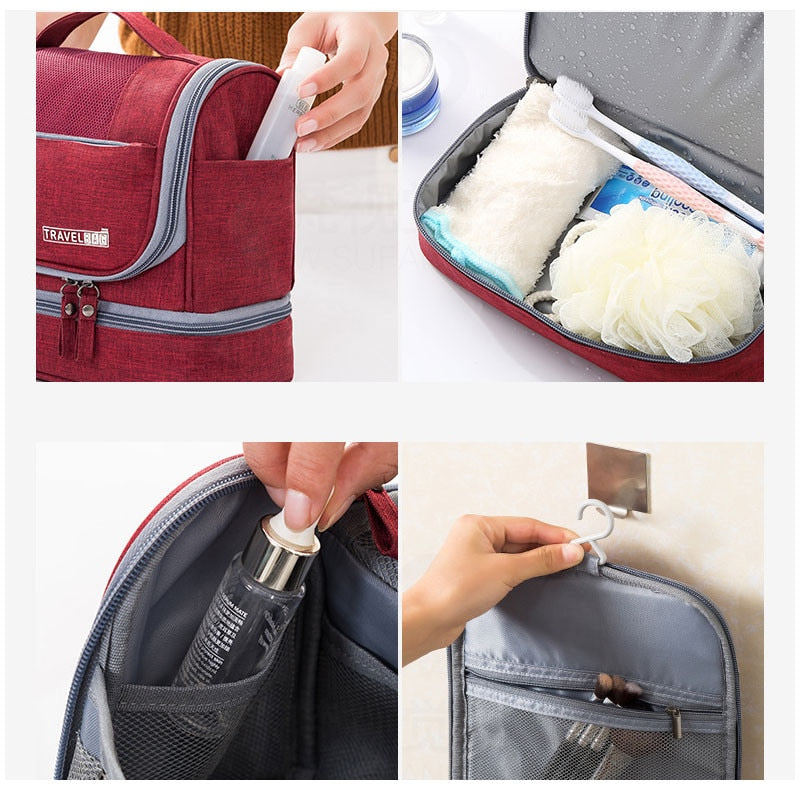 Durable waterproof travel organizer, large hanging toiletry bag with multiple compartments for bathroom essentials.