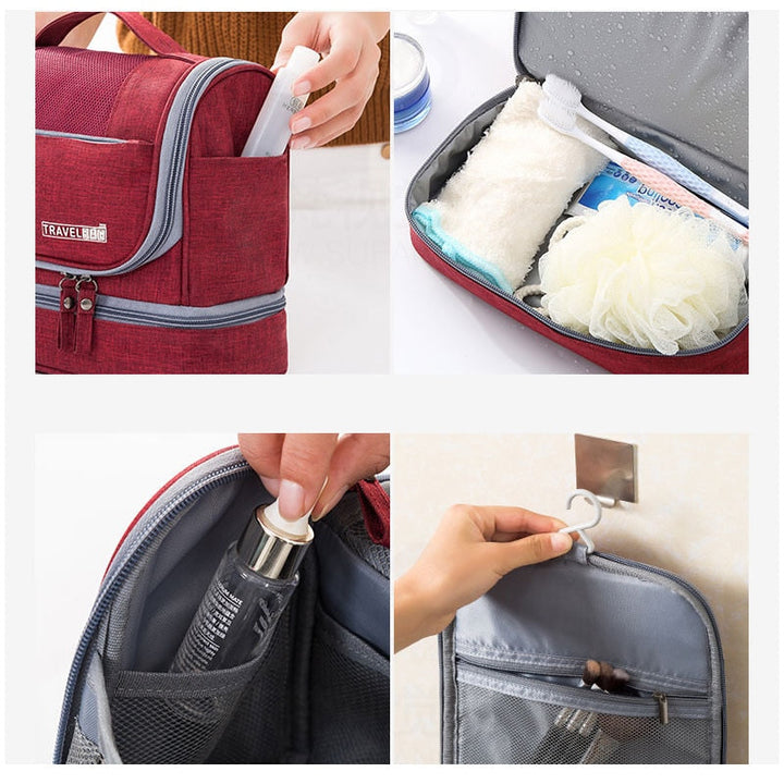 Durable waterproof travel organizer, large hanging toiletry bag with multiple compartments for bathroom essentials.